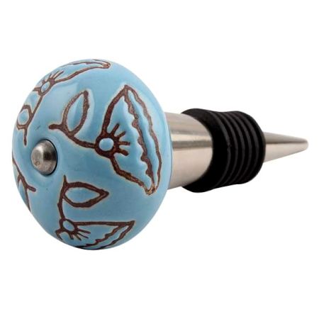 Turquoise Calla Lily Brown Etched Ceramic Wine Stopper (Pack Of One Piece)